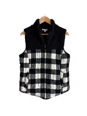 Maurices Fuzzy Fleece Buffalo Plaid Vest Womens L Black White Check Full Zip EUC